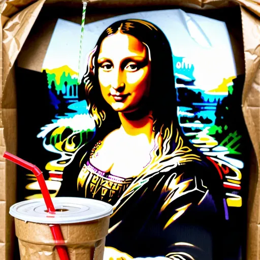 Prompt: Mona Lisa smiling while sipping through a straw from a glass bottle in a wrinkled brown paper.