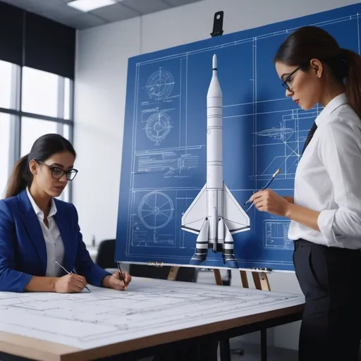 Prompt: painting of a woman drawing a blueprint as she is working as  an Aerospace Engineer designing a rocket in an office ,  UHD, 64K