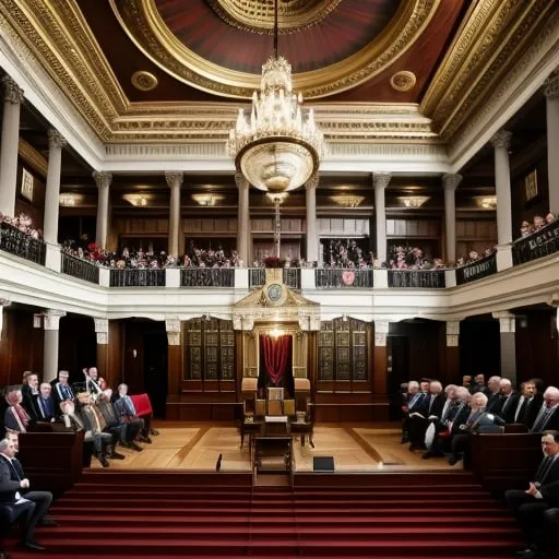 Prompt: Create an oil painting set in the year 1890, capturing the moment when members of a state house of representatives are celebrating the end of their biannual session. The Speaker of the House is striking the gavel, declaring the House adjourned "sine die." The scene is filled with the atmosphere of relief and jubilation.

In the painting, the Speaker stands at the front, mid-motion, as he strikes the gavel on the wooden podium. The representatives, dressed in period-appropriate attire of the late 19th century, are reacting with joy, clapping, shaking hands, and some even throwing their hats in the air. The grand hall is adorned with elaborate woodwork, chandeliers, and large windows allowing natural light to flood in. The walls are lined with portraits of notable figures and flags, adding to the historic and celebratory ambiance