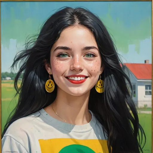Prompt: a half-length portrait painting,
20 year-old college woman,
cover with dark freckle,
green eyes,
long black hair,
red lipstick,
a smile on her face, 
black-smiley-face- ON-gold-earrings,  
T-shirt, 
with a green background and a blue sky,
1970s oil painting,

