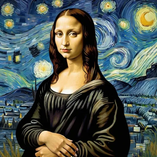 Prompt: Mona Lisa in  The Starry Night
by Vincent van Gogh
