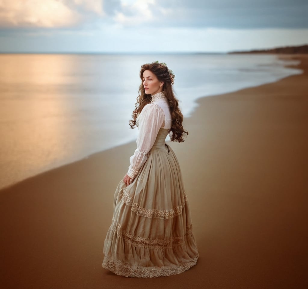 Prompt: image of Victorian era beautiful woman,  is looking  at the sea,  with long brown hair, standing on the sand at the beach, 