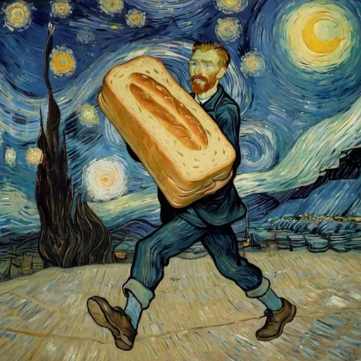 Prompt: "grinder bread man" running in late for a college class in "The Starry Night" by  Vincent van Gogh