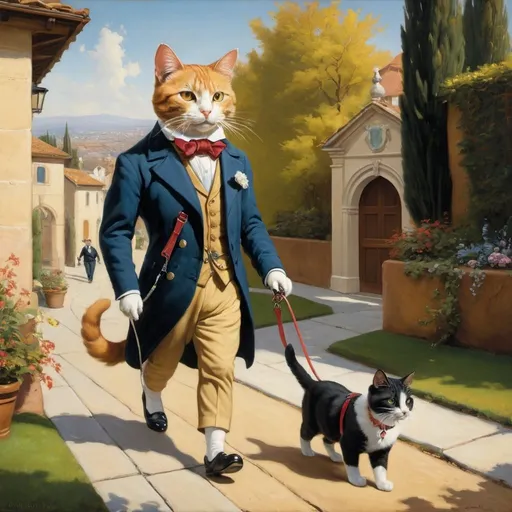 Prompt: a painting of an anthropomorphic cat, walking a dog on a leash.