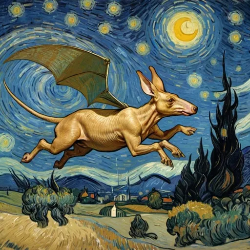 Prompt: A "Aardvark"  flying on a "magic carpet" in "The Starry Night" by Vincent van Gogh