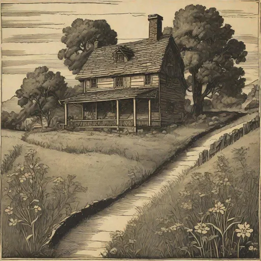 Prompt: A medieval woodcut  Depict a charming, rustic home situated on a gentle hill. The house is a quaint, two-story structure with a welcoming front porch and smoke curling up from the chimney, suggesting warmth and coziness within. In the foreground, wildflowers and tall grasses sway in the breeze, creating a picturesque and serene environment. A large, ancient oak tree with gnarled branches stands nearby, its roots partially exposed and its leaves casting dappled shadows on the ground. A dirt path winds its way up the hill, leading to the front door, lined with blooming flowers and neatly trimmed bushes. The midground features rolling hills and a meandering stream, reflecting the sky’s colors and adding to the idyllic landscape. In the background, majestic mountains rise up, their peaks touching the sky and adding a sense of grandeur and depth to the scene. The sky is painted in soft hues of dawn, with the first light of daybreak casting a golden glow over the entire landscape. The atmosphere captures the tranquility and beauty of rural life, emphasizing the harmony between the home and its natural surroundings. Birds can be seen in flight, and a small garden next to the house suggests self-sufficiency and a close connection to nature.