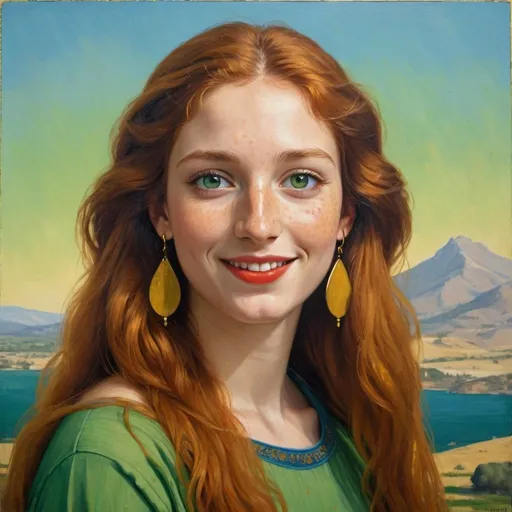 Prompt: a half-length portrait painting,
27 year-old Helen of Troy,
cover with dark freckle,
green eyes,
long ginger hair,
red lipstick,
a smile on her face, 
yellow-happy-face  ON gold-earrings,  
T-shirt, 
with a green background and a blue sky,

1970s oil painting,
 a painting in the style of  Mona Lisa
