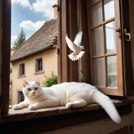 Prompt: Create an image from inside of a home of a [happy cat] lying comfortably on a ledge inside of a  [window that is wide open ].  in a [picturesque small village].
a white [dove] with its wings spread wide open, perched gracefully inside, fly over  the cat.
