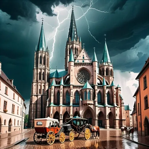 Prompt: a spectacular grand gothic cathedral with a steeple  and flying buttress and  horse-drawn carriage parked in front of it in a thunder storm in medieval city,  medieval times, romanesque, summer, a colorized photo