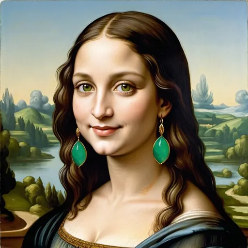 Prompt: a painting of Mona Lisa  long hair, on a smile on her face "earrings", with a green background and a blue sky, Fra Bartolomeo, academic art, renaissance oil painting, a painting  