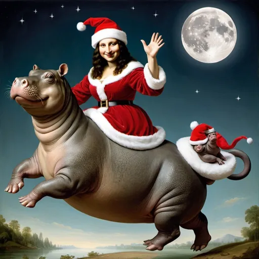 Prompt: Mona Lisa wearing Santa Claus hat riding a Hippopotamus  that is jumping over the Moon. 