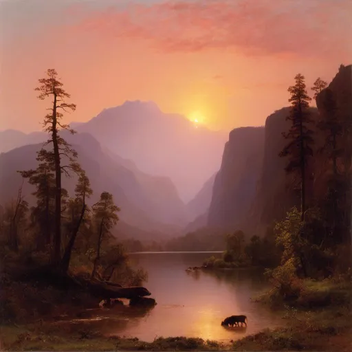Prompt: <mymodel>Create a oil painting in the style of Albert Bierstadt, Hudson River School, Depict "The sunset faded to a rosy pink, and the evening star glimmered just above the horizon."