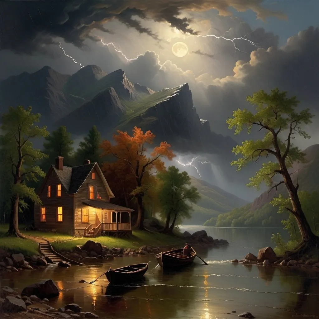 Prompt: Create a UHD, 64K, professional oil painting in the style of Albert Bierstadt, Hudson River School, american scene painting, Depict  It was a stormy night
The storm roared and rumbled in the mountains The storm increased The thunder rolled and the rain continued to beat with unabated fury
and the moon had sunk behind the dark summits of the mountains
 leaving only a dim and uncertain light a house by a river with a boat in the water
