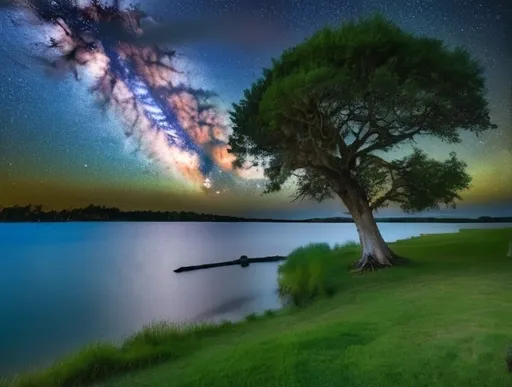 Prompt: a lake with a tree in the foreground and a grassy area in the background and the shore, night sky  and Milky Way, lake, a photo