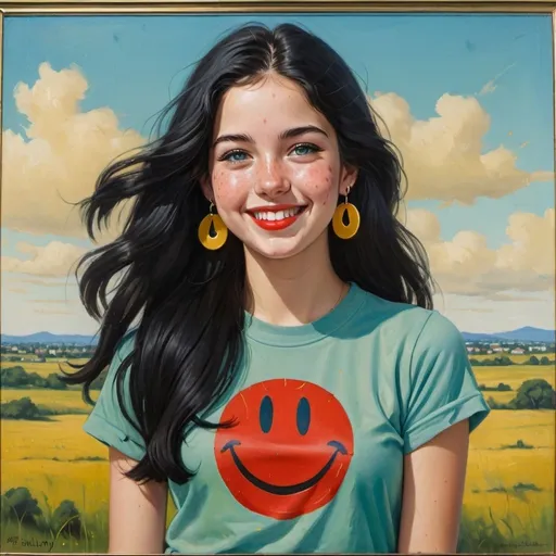 Prompt: a full-length portrait painting,
20 year-old college woman,
cover with dark freckle,
blue eyes,
long black hair,
red lipstick,
a smile on her face, 
black-smiley-face- ON-gold-earrings,  
smiley-face-T-shirt, 
with a green background and a blue sky,
1970s oil painting,
