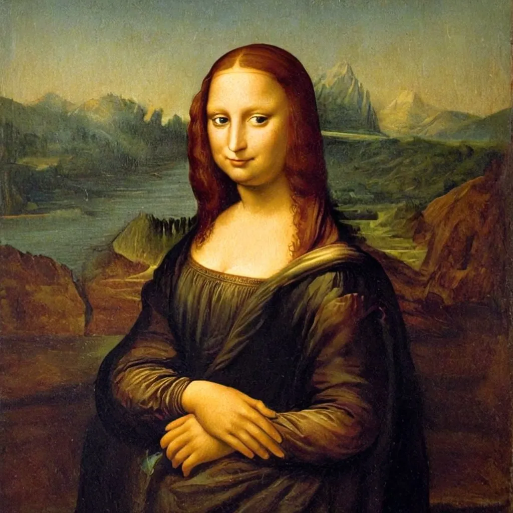 Prompt:  half-length Italian Renaissance portrait painting, Mona Lisa, freckle face, red hair, green eyes, red lipstick, landscape,  style of  Leonardo da Vinci.