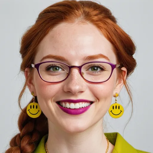 Prompt: 25-year-old woman with earrings 1970s smiley face yellow, green eyes. cover with dark freckle. long ginger hair ginger in a French braid. wearing lipstick red. broad rimmed eyeglasses purple .  yellow blouse, photo