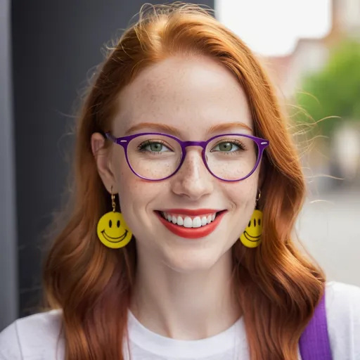 Prompt: portrait of a smiling 27 year-old woman. green eyes. cover with dark freckle. long ginger hair.   wearing  red lipstick. purple broad rimmed eyeglasses.  yellow smiley face earrings,  and  white t-shirt, photo.