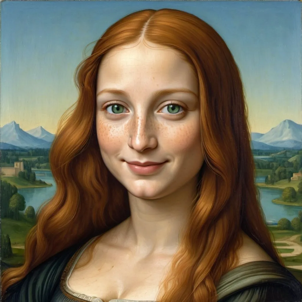 Prompt: a painting of Mona Lisa cover with dark freckle green eyes  long ginger hair    on a smile on her face, with a green background and a blue sky, Fra Bartolomeo, academic art, renaissance oil painting, a painting