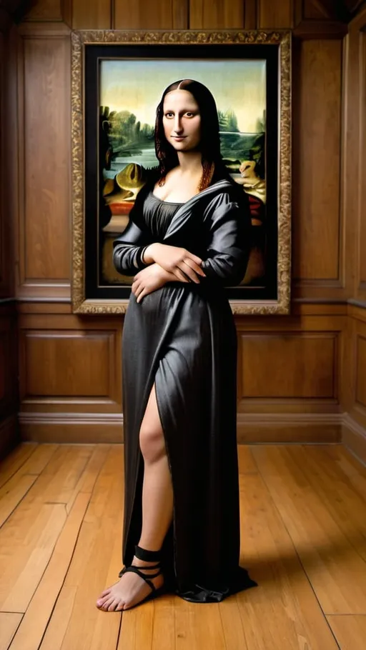 Prompt: Mona Lisa,  standing on a wood floor. wood house studio, full from head to toe body shot