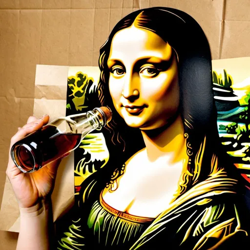 Prompt: Mona Lisa smiling while drinking from glass bottle in a wrinkled brown paper.