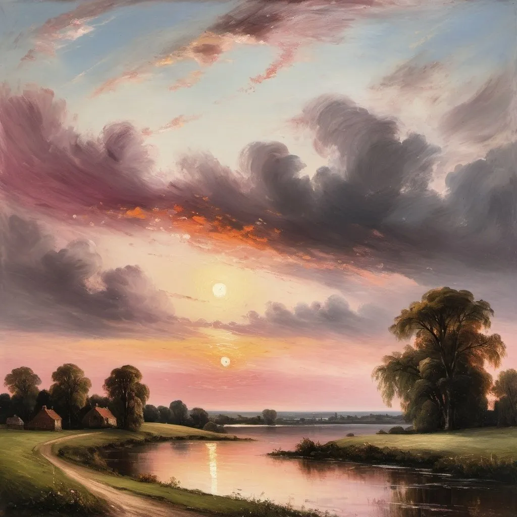 Prompt: Create a oil painting in the style of John Constable, Romanticism, Depict,  "The sunset faded to a rosy pink, and the evening star glimmered just above the horizon."