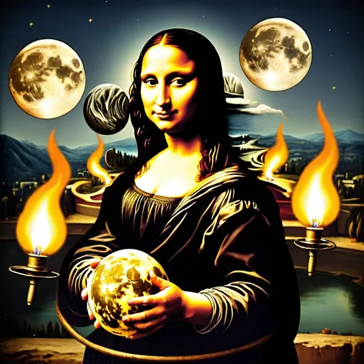 Prompt: Mona Lisa juggling torches  on the Moon