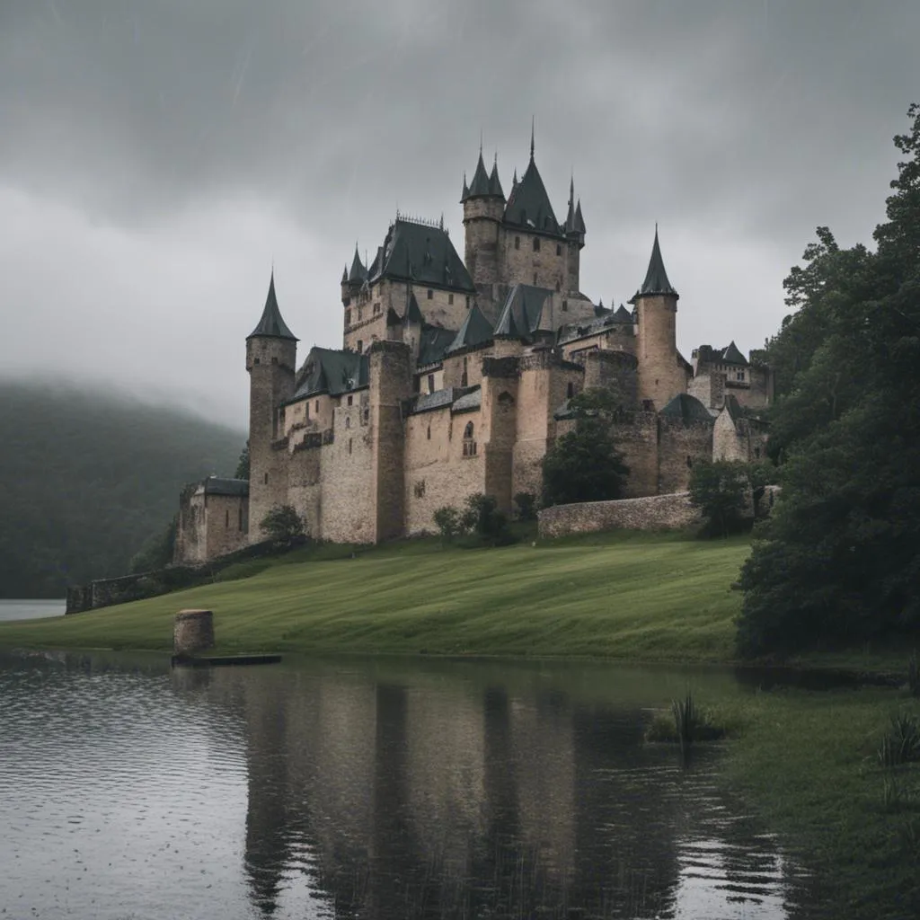 Prompt: <mymodel> a photo  of rainy day outside a  Castle by a lake.