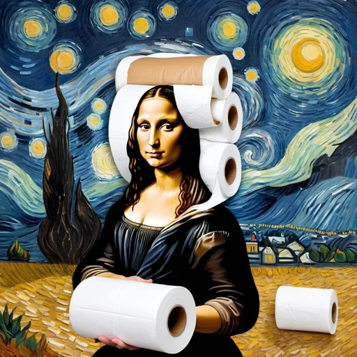 Prompt: Mona Lisa  rolling a house with toilet paper  in the style of "The Starry Night" by Vincent van Gogh