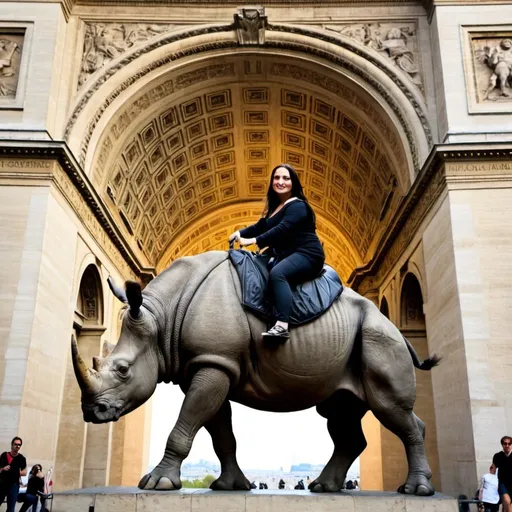 Prompt: Mona Lisa riding a  rhinoceros through the Arc de Triomphe.