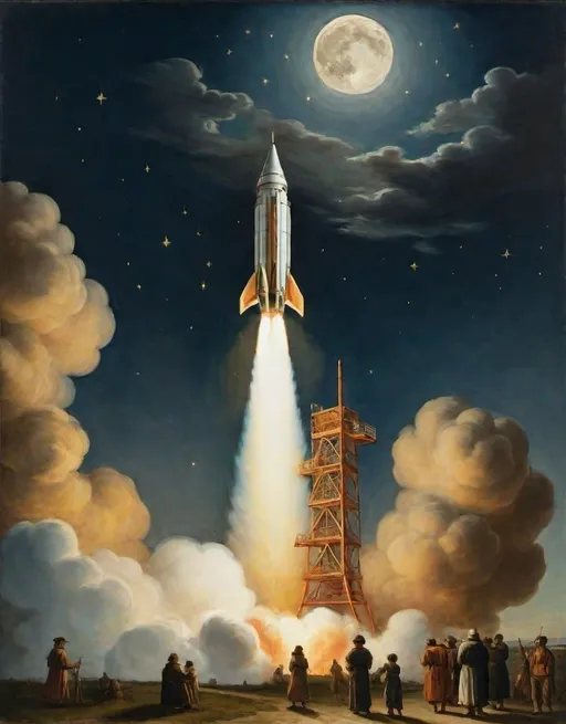 Prompt: an oil painting of a rocket is being launched on a clear night with fire andsmoke billowing out of it's back end,
Giotto ,
academic art, 
art noveau, 
moon lighting,
rembrandt lighting, 
a painting
