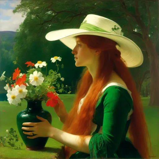 Prompt: <mymodel>a painting of a woman with long red hair wearing a green dress and a white hat with flowers in a vase, Albert Bierstadt, pre-raphaelitism, pre - raphaelite, a fine art painting