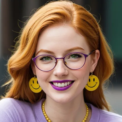 Prompt: Please write a description for the following image:
A 25-year-old woman with earrings, specifically 1970s style yellow smiley face earrings. She has green eyes, a captivating smile, and a dark freckle on her cheek. Her long ginger hair is elegantly styled in a superbly done French braid. Additionally, she is wearing red lipstick and broad-rimmed eyeglasses in purple. The woman's outfit consists of a white t-shirt with a large 1970s yellow smiley face prominently displayed on the front.
Ensure the description is detailed and vivid, capturing the unique elements of her appearance and the retro vibe of the accessories and outfit. Encourage creativity and attention to detail, emphasizing the vintage aesthetic and individual characteristics of the woman.
---
For example, when creating a description, I would focus on highlighting the woman’s striking green eyes and the contrast they create against her ginger hair. Additionally, I would ensure to mention how the smiley face earrings and t-shirt contribute to the 1970s theme, adding a nostalgic feel to the overall look.