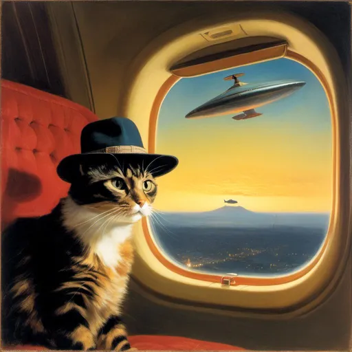 Prompt: a anthropomorphic Tortoiseshell cat sitting on an airplane seat with a hat on his head and a attacking UFO in the night shy in the background with a window, <mymodel>