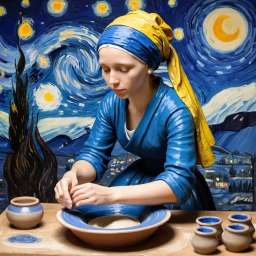 Prompt: "the girl with the pearl earring" making pottery on pottery wheel in the style of "The Starry Night" by Vincent van Gogh