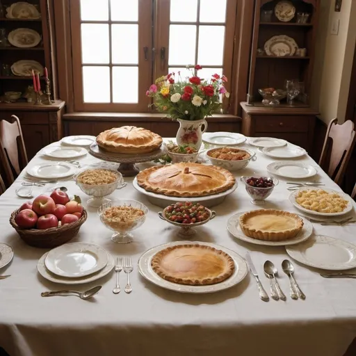 Prompt: Creation of fantasy "Grandma's table was spread with her finest linen and on it were all the best dishes and glasses filled with an array of roast meats vegetables and her famous apple pie."