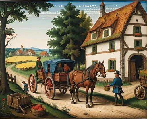 Prompt: a painting of a farm scene with a horse and buggy pulling a wagon with a man on it, Albrecht Altdorfer, german romanticism, vignette, a pointillism painting