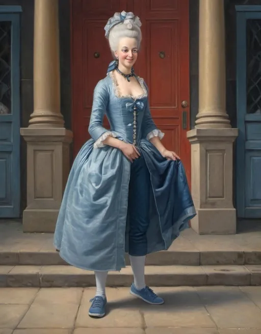 Prompt: a full-length portrait painting,
Marie Antoinette,
smile on her face
standing on the sidewalk outside the 	Globe Theatre, 
smiley-face  t-shirt, 
long blue jean,
blue tennis shoes,
academic art, renaissance oil painting