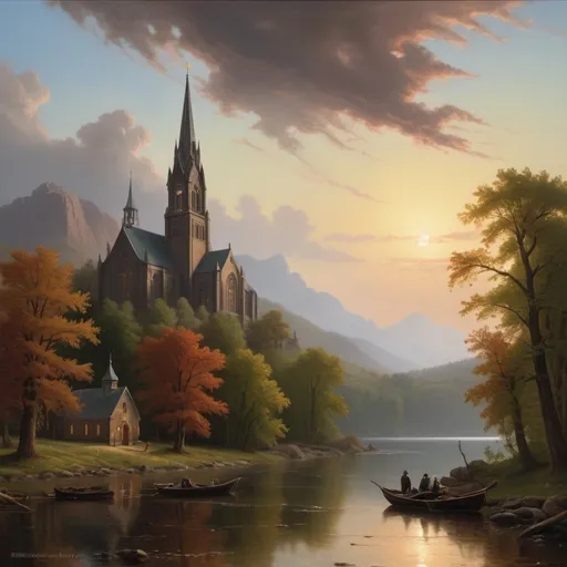 Prompt: Create a UHD, 64K, professional oil painting in the style of Albert Bierstadt, Hudson River School, american scene painting, blending influences from Flemish Baroque and traditional religious iconography, The towering cathedral with its elaborate spires and detailed sculptures dominated the skyline a beacon of faith and artistry, The first faint streak of daybreak appeared on the horizon casting a pale light over the sleeping world.