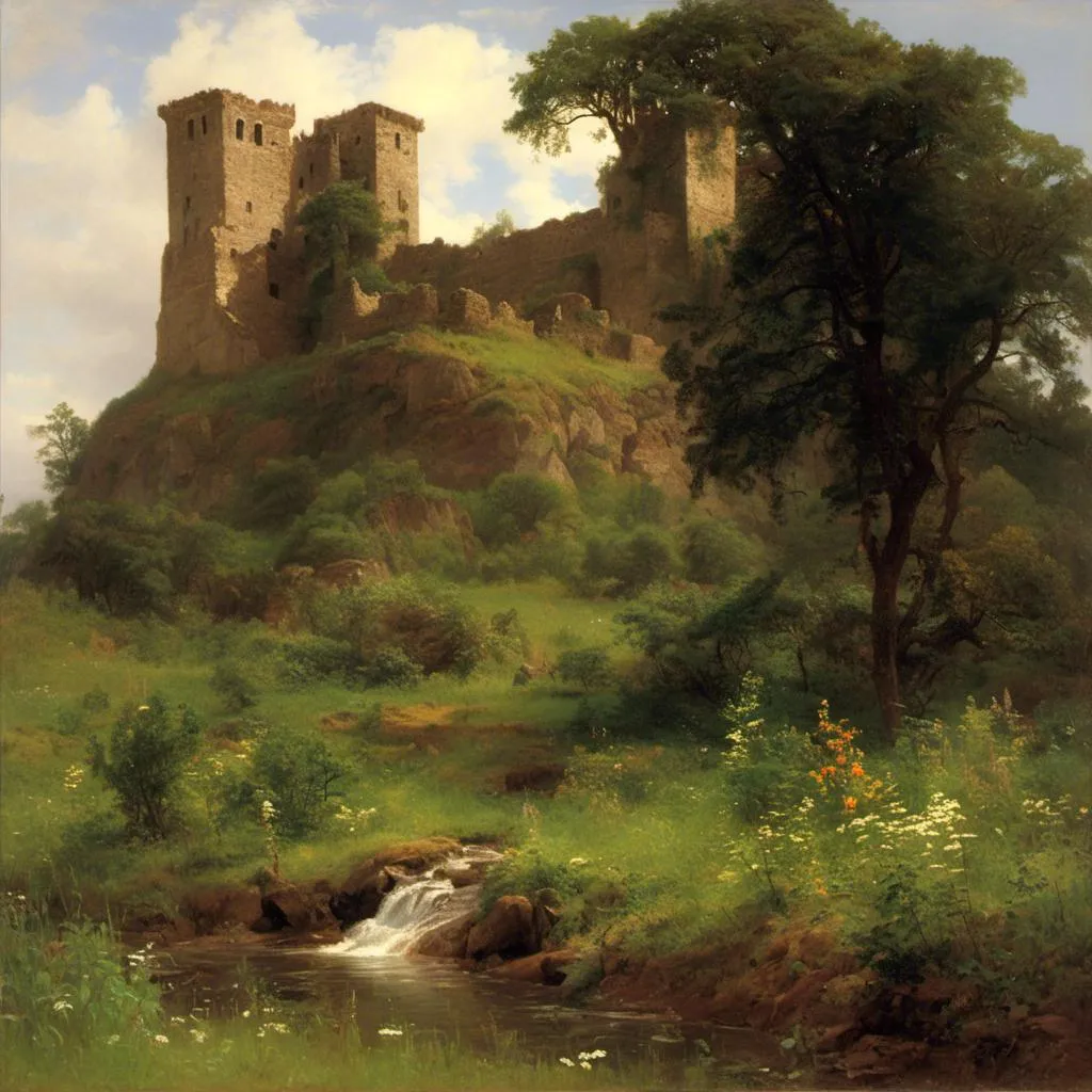 Prompt: <mymodel>a painting of a castle  overgrown with vines and wildflowers  with a path leading to it and flowers in front of it and a fence and a stream in a field with flowers and trees around, The castle itself  though old and ruined in many parts had evidently been at one time a place of considerable strength, in the style of Carl Heinrich Bloch, blending the American Barbizon School and Flemish Baroque influences.  
