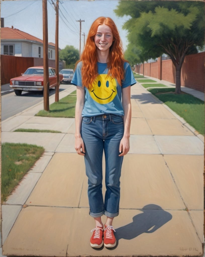 Prompt: a full-length portrait painting,
 27 year-old woman, 
standing on a dry sidewalk, 
cover with dark freckle,
green eyes, 
long ginger hair, 
a smile on her face, 
smiley-face  t-shirt, 
long blue jean,
red and blue tennis shoes,
1970s oil painting,