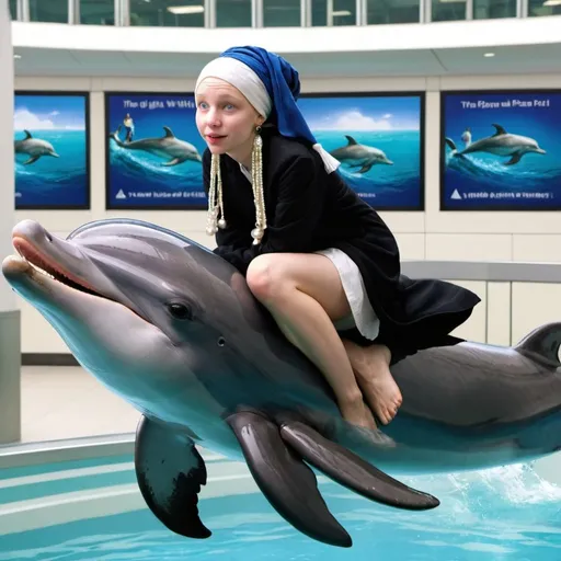 Prompt: "the girl with the pearl earring" riding a    dolphin  in  an airport