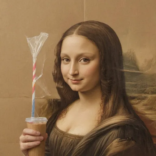 Prompt: Mona Lisa smiling while sipping through a straw from a glass bottle in a wrinkled brown paper.