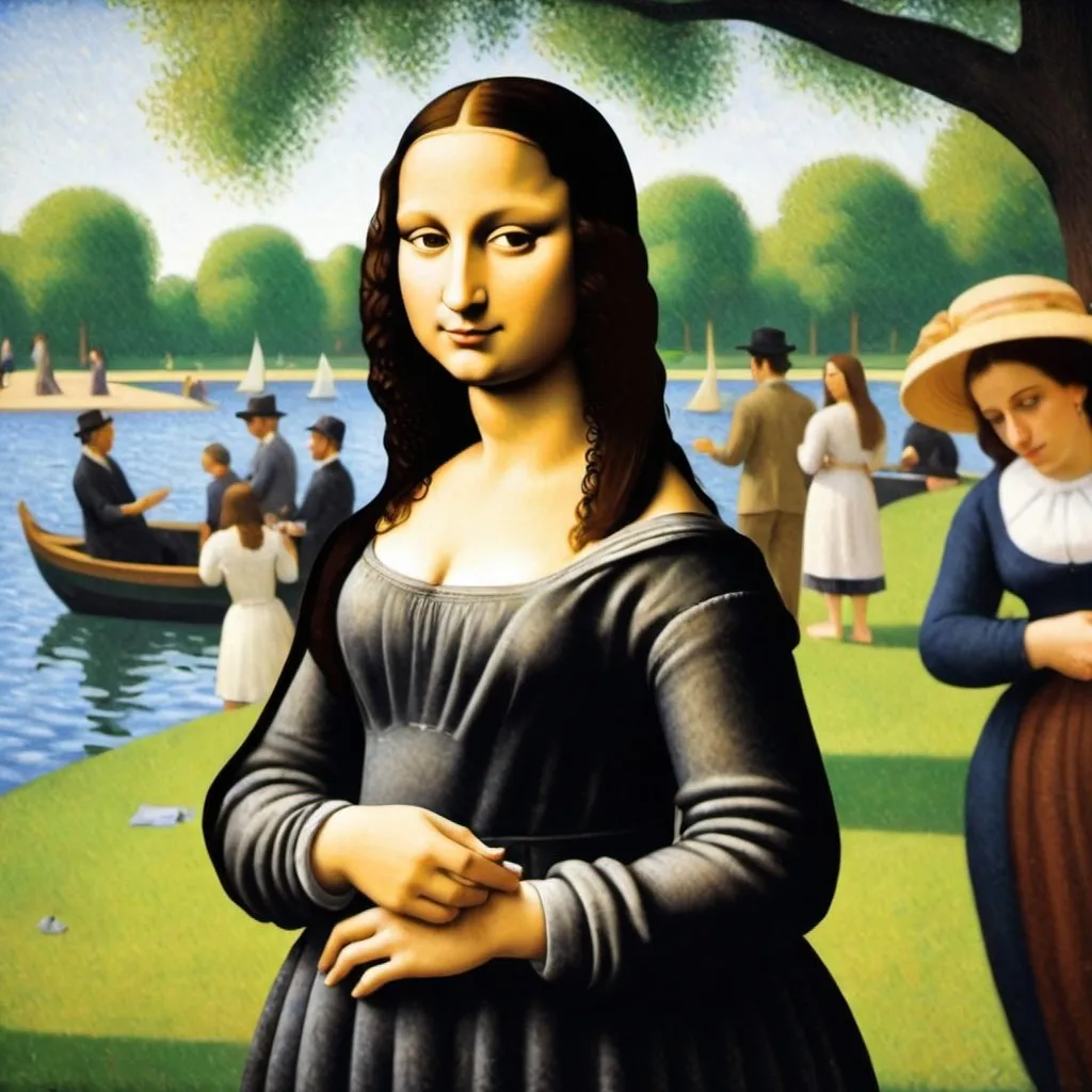 Prompt: "Mona Lisa" in "A Sunday Afternoon on the Island of La Grande Jatte" by Georges Seurat 