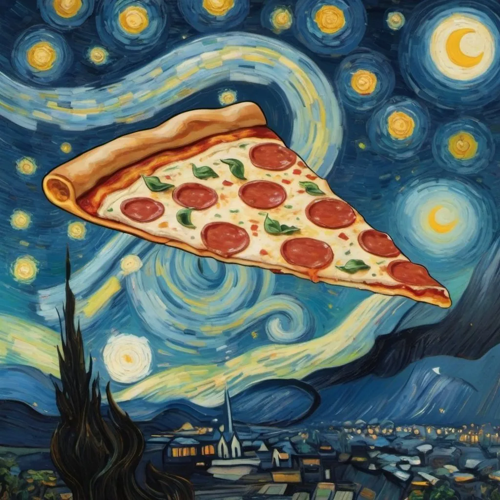 Prompt: A Pizza flying on a "magic carpet" in "The Starry Night" by Vincent van Gogh