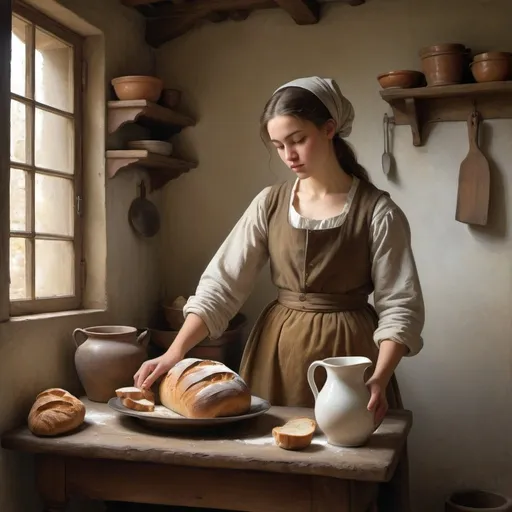 Prompt: The painting depicts a robust young woman in  engrossed in the simple yet profound act of pouring milk 

in a humble kitchen
The scene is bathed in soft  natural light filtering through a window  casting gentle shadows and highlighting the textures and details with stunning precision  The artist’s brushwork captures the delicate interplay of light and shadow  creating a serene  almost meditative atmosphere  The milkmaid herself is a picture of quiet dignity and concentration  her face reflecting a sense of calm and purpose  Her clothing  rendered in rich  warm hues  contrasts beautifully with the cool  muted tones of the background  drawing the viewer’s eye to her graceful figure 

The kitchen is modestly furnished  with rustic elements that suggest the simplicity and austerity of everyday life in 17th century Holland  A sturdy wooden table  on which sits a ceramic jug and a loaf of bread  anchors the composition  The artist’s meticulous attention to detail is evident in the intricate patterns of the bread’s crust and the subtle variations in the texture of the milk being poured  Every element in the painting  from the worn tiles on the floor to the faint cracks in the plastered walls  is rendered with exquisite realism 

This painting  though created by an unknown hand  evokes a deep sense of tranquility and reverence for the mundane  It speaks to the timeless beauty found in ordinary moments and the profound dignity of daily labor  It’s a masterful testament to the artist’s skill in capturing the essence of a simple  yet deeply meaningful  human experience  In this universe  this piece stands as a celebrated masterpiece  an enduring symbol of the grace and beauty that lies within the everyday 