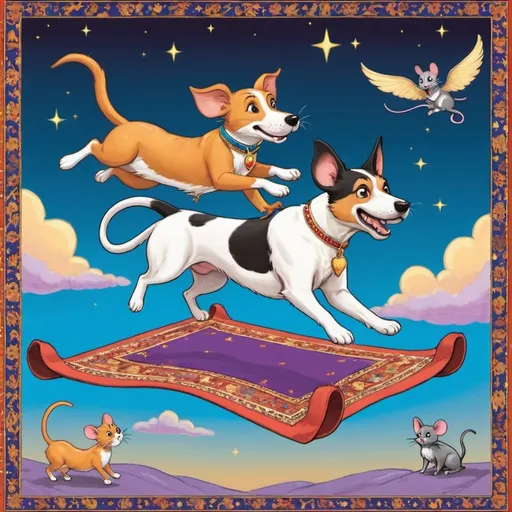 Prompt: A dog, cat, and mouse flying on a "magic carpet" 