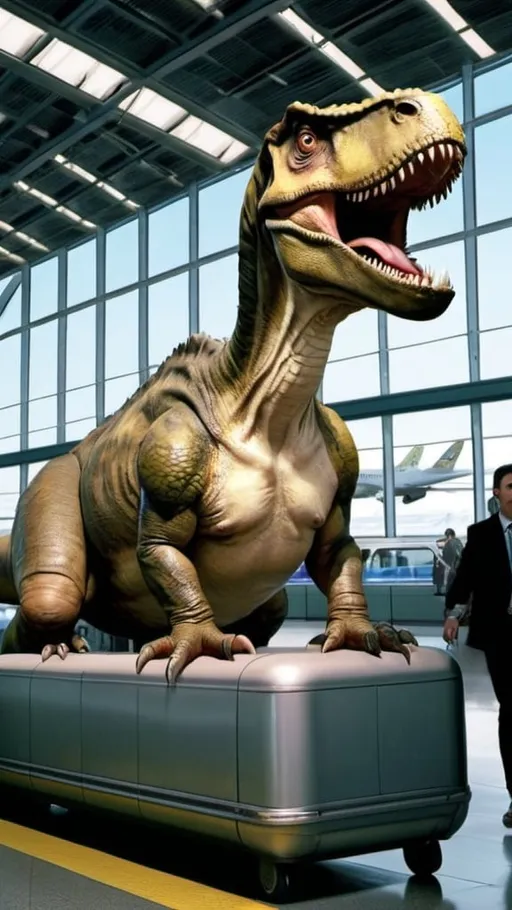 Prompt: "the girl with the pearl earring" riding a   tyrannosaurus in  an airport
