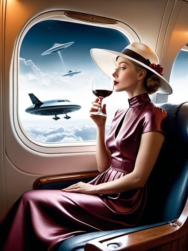 Prompt: a 21-year-old woman in a long flower print Empire Dress with a high neck line and white hat  sitting on an airplane seat with a hat on her head, drinking red wine, and an attacking UFO in the night shy in in the background with a window, Annie Leibovitz, precisionism, promotional image, an art deco painting