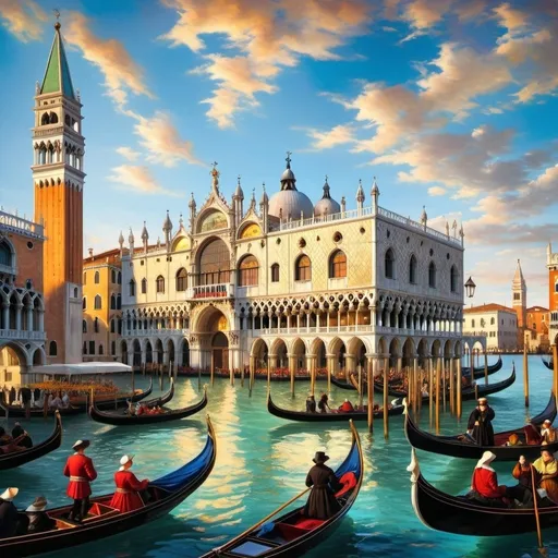 Prompt: Create a vibrant and detailed painting of a bustling Venetian scene reminiscent of Canaletto's style. The composition should include a grand canal filled with gondolas and other boats, showcasing a lively procession or festival. On the left, depict the majestic Campanile di San Marco rising above the scene, and to the right, include the ornate Doge's Palace with its distinctive Gothic architecture. Populate the scene with people dressed in period-appropriate clothing, engaging in various activities such as rowing, conversing, and celebrating. The water should reflect the vivid colors of the boats and buildings, adding to the dynamic atmosphere. Ensure the sky is clear with soft clouds, allowing the sunlight to enhance the architectural details and the festive mood of the scene. Capture the essence of historical Venice, emphasizing its rich culture and lively spirit.
